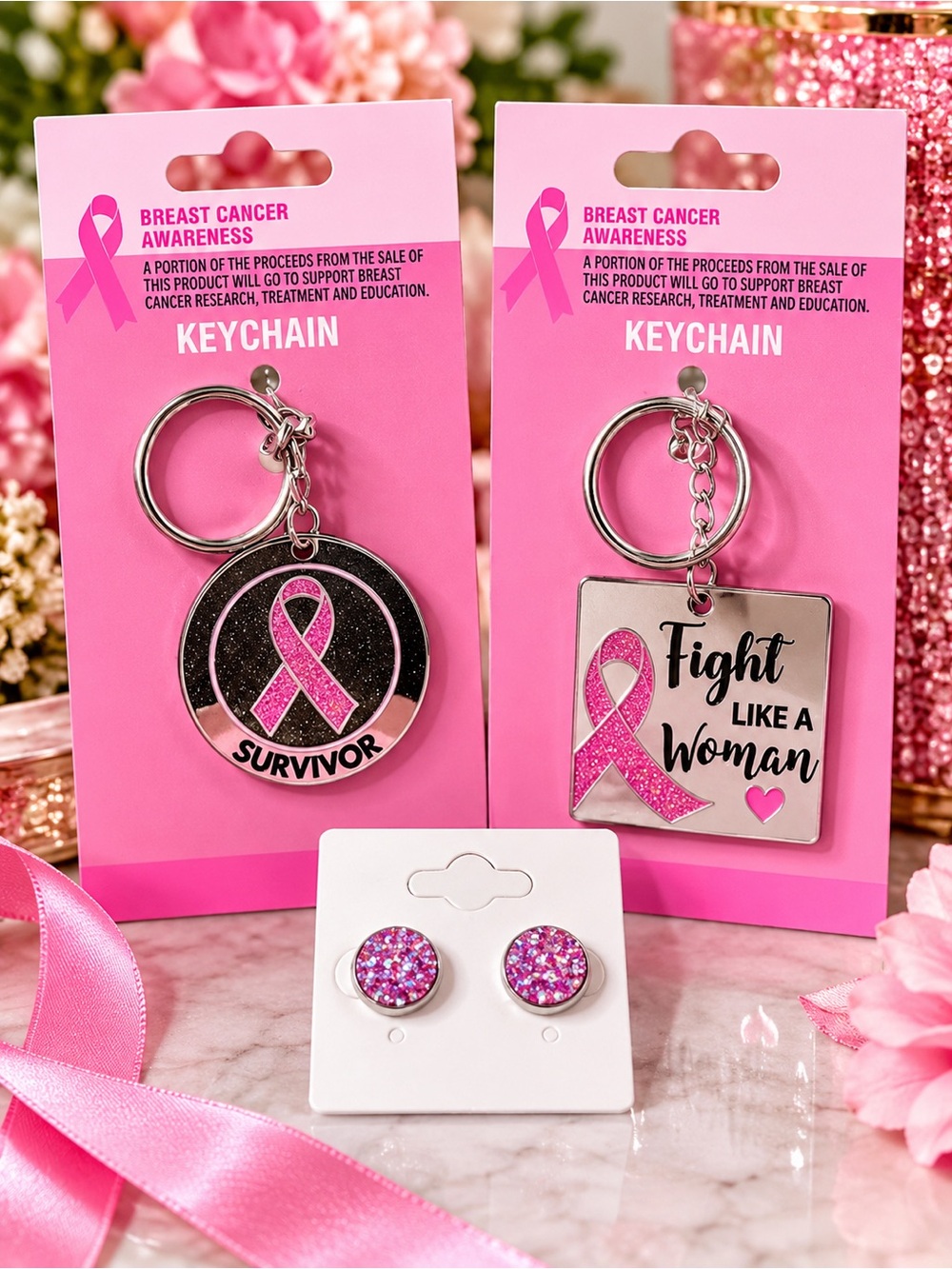 Breast Cancer Awareness Pink Ribbon Keychain & Pink Glitter Stud Earrings Set